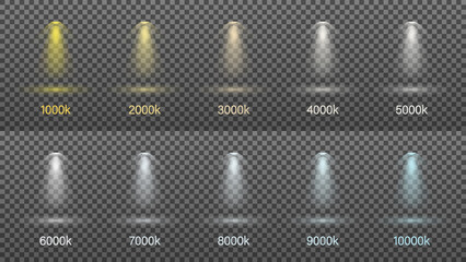 Set of light from lamps, spotlights. Color temperature from 1000 to 10000 Kelvin. Vector illustration.