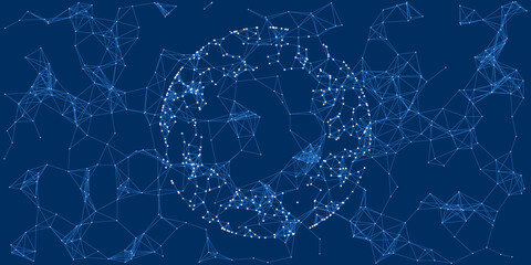 Dark Blue Futuristic 3D Global Networks Concept with Globe - Abstract Polygonal Digital Connections and Glowing Network Nodes - Future Technology Background, Creative Design Template