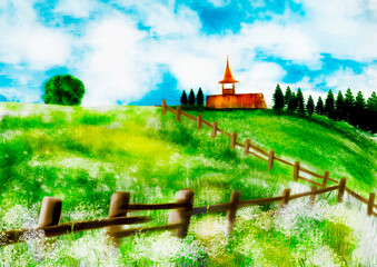 Naklejka premium there is a wooden fence on the flower field