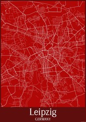 Red map of Leipzig Germany.