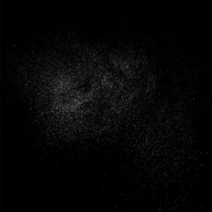 Distressed white grainy texture. Dust overlay textured. Grain noise particles. Snow effects pack. Rusted black background. Vector illustration, EPS 10.  