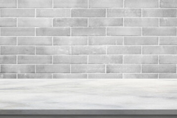 Empty white marble table top with brick wall background
