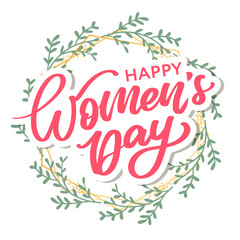Women's Day hand drawn lettering. Red text isolated on white for postcard, poster, banner design element. Happy Women's Day script calligraphy. Ready holiday lettering design.