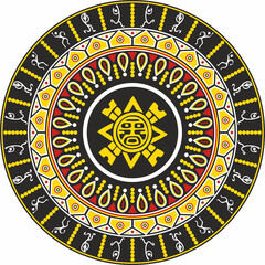 Vector colored round native american ornament. Circle with dancing men. Pattern of the peoples of Central and South America, Aztecs, Maya, Incas.
