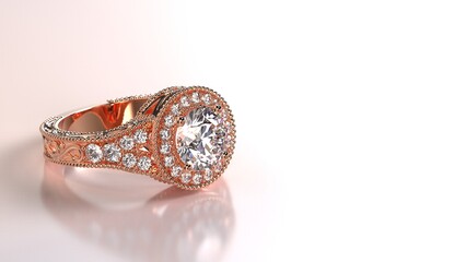 halo engagement ring in rose gold with filigree on shank