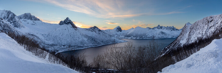 panoramic view Fjordgard on island Senja in winter, troms county, norway