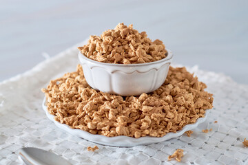 Dried Soy Meat on a porcelain bowl. Vegan protein.