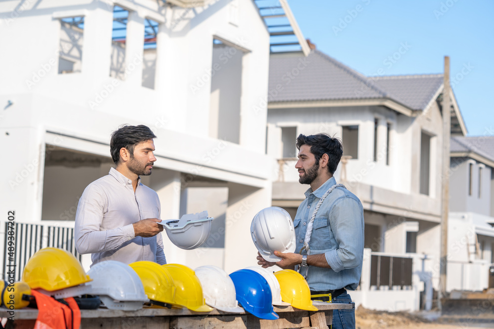 Aufkleber architect,foreman and worker discussing in building construction site in construction site,construct