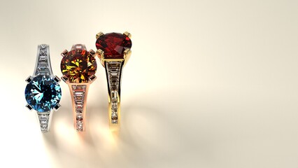 three engagement ring in rose gold and silver platinum with colored stones