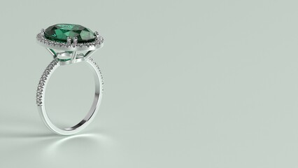 oval halo engagement ring with center emerald color stone and platinum shank
