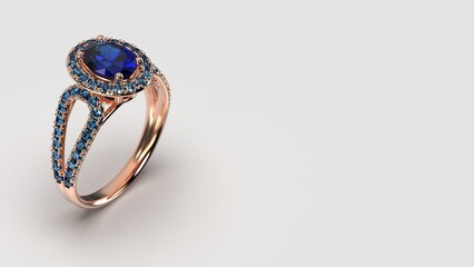 blue gem oval halo ring in rose gold