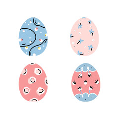 Modern set of 4 painted easter eggs with different ornaments. Good for greeting cards, banners, invitations, flyers.