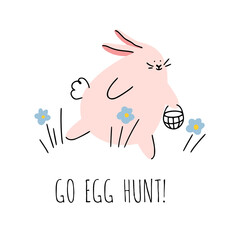 Easter bunny with basket in its paw is running in grass to egg hunt. Good for greeting cards, banners, invitations, flyers.