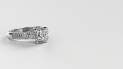 princess white gold engagement ring with side three layer stones on shank laying down