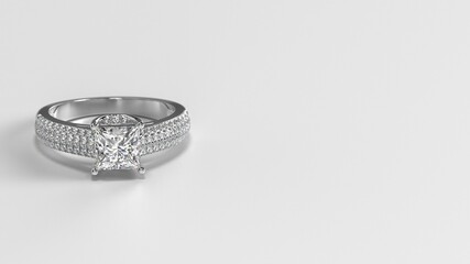 princess white gold engagement ring with side three layer stones on shank laying down front