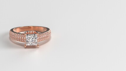 princess rose gold engagement ring with side three layer stones on shank laying down front