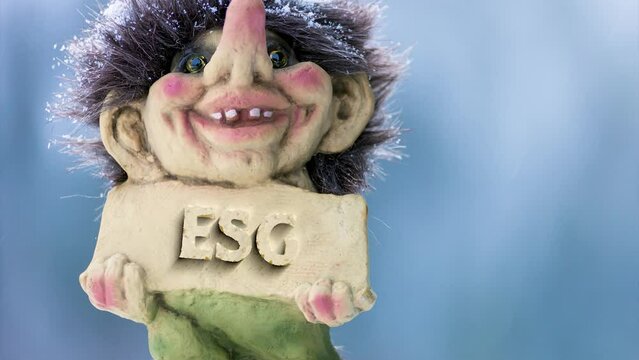 holding sign with the word esg chiseled out. Soft blurred out background in winter wonderland.