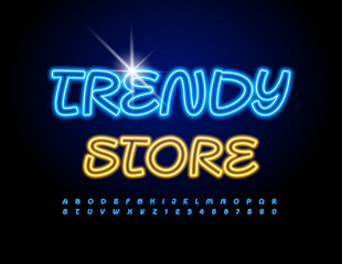 Vector neon banner Trendy Store. Handwritten Creative Font. Electric light Alphabet Letters and Numbers