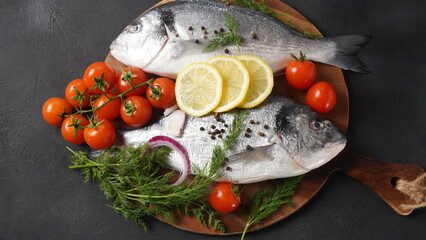 Raw fresh uncooked dorado or sea bream fish with lemon, herbs,  cherry tomatoes and spices on  black background