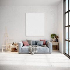 Mock up poster frame in modern interior background, living room, Boho - Scandinavian style, 3D render, 3D illustration