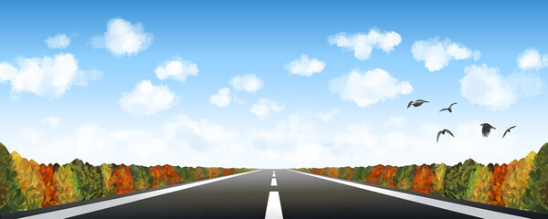 青空と秋の紅葉　直線道路の水平線の風景イラスト
 - obrazy, fototapety, plakaty