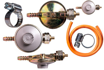 Gas regulator, hose and fittings for the installation of a household gas cylinder. - obrazy, fototapety, plakaty