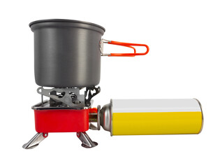 Isolated photo of camping and hiking gas stove with cup on white background.