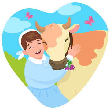 Heart Shaped Cartoon Vector Illustration Of A Milkmaid Hugging A Cow