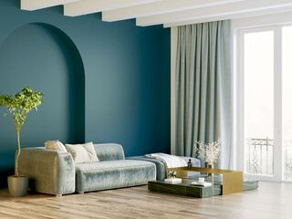 Modern beautiful interior of the room with light walls, large windows and stylish furniture. Bright design in Scandinavian style. 3D rendering