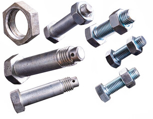 Metal bolts and nuts for connecting machine parts in industry.