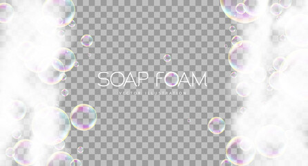 Soap foam with soap rainbow bubbles isolated on transparent background. Vector illustration