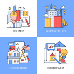 Building and construction - set of line design style colorful illustrations