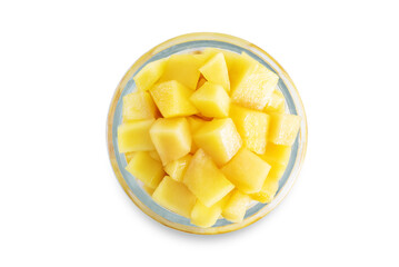 Greek yogurt with mango slices in a glass on a white isolated background