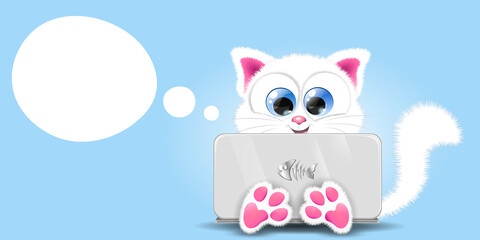 White CAT behind  laptop