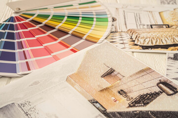 fan palette and design drawings are laid out to match the color for the design of the room