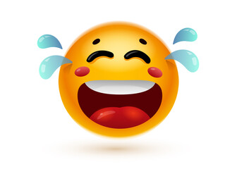 Vector illustration of yellow color happy emoticon with open mouth, tongue and tear on white background. 3d style design of fun laugh to tears emoji