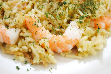 Close Up of Shrimp Scampi with Wild Rice and Vermicelli
