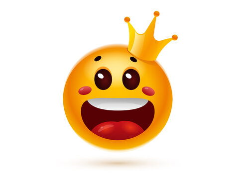 Vector illustration of happy yellow color smile emoticon with crown on white background. 3d style design of fun laugh emoji
