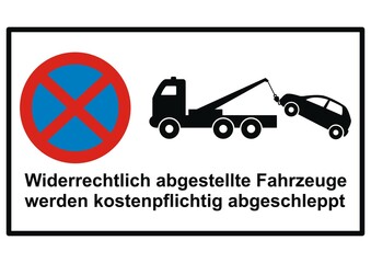 Private property No Parking. German stopping restriction sign, translation: Illegally placed vehicles will be towed liable to pay costs. Traffic sign, eps. - obrazy, fototapety, plakaty