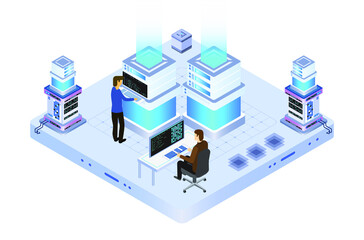 data center or server room processing data operation with security protection and maintenance with isometric design style - vector	
