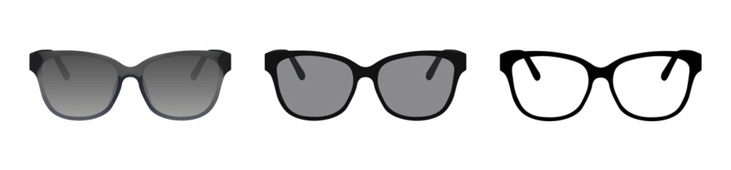 Fototapeta premium Sunglasses icon set. Sun lens ocular with plastic rims. Vector illustration.