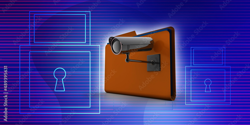 Poster 3d rendering surveillance cctv security camera with folder