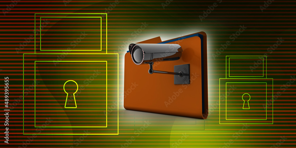 Poster 3d rendering surveillance cctv security camera with folder