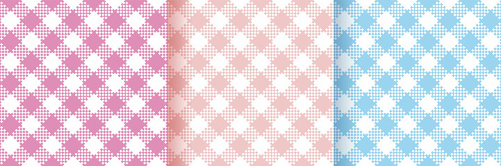 Plaid gingham seamless patterns. Check textures. Set of vichy backgrounds with stars. Retro flannel wallpaper. Cloth textile grid. Tablecloth backdrops. Pink, blue prints. Vector illustration.