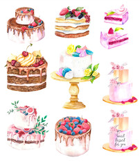 Watercolor set. A set of bright cakes with berries and flowers. Watercolor elements of desserts to create a design