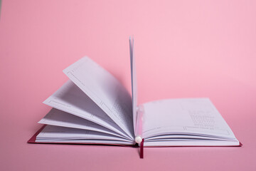 An open notebook with a pen, lying on a pink background