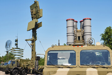cockpit of a military vehicle with a combat-ready anti-aircraft missile system with communication and radar systems