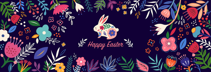 Colorful floral illustration with rabbit. Happy easter greeting card with decorative easter bunny	
