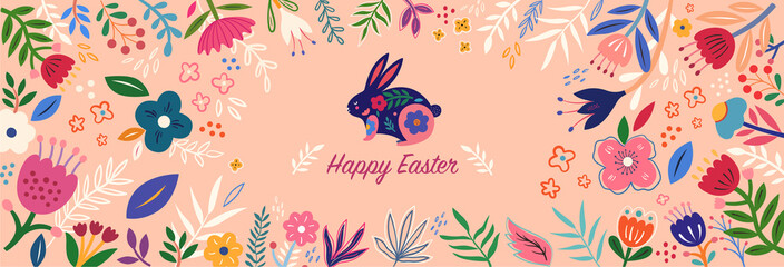 Colorful floral illustration with rabbit. Happy easter greeting card with decorative easter bunny	
