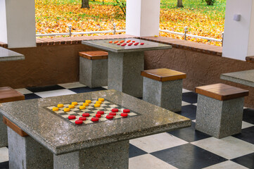 A board game of checkers. A table for playing checkers and chess. A logic game for two players. An intelligent board game.